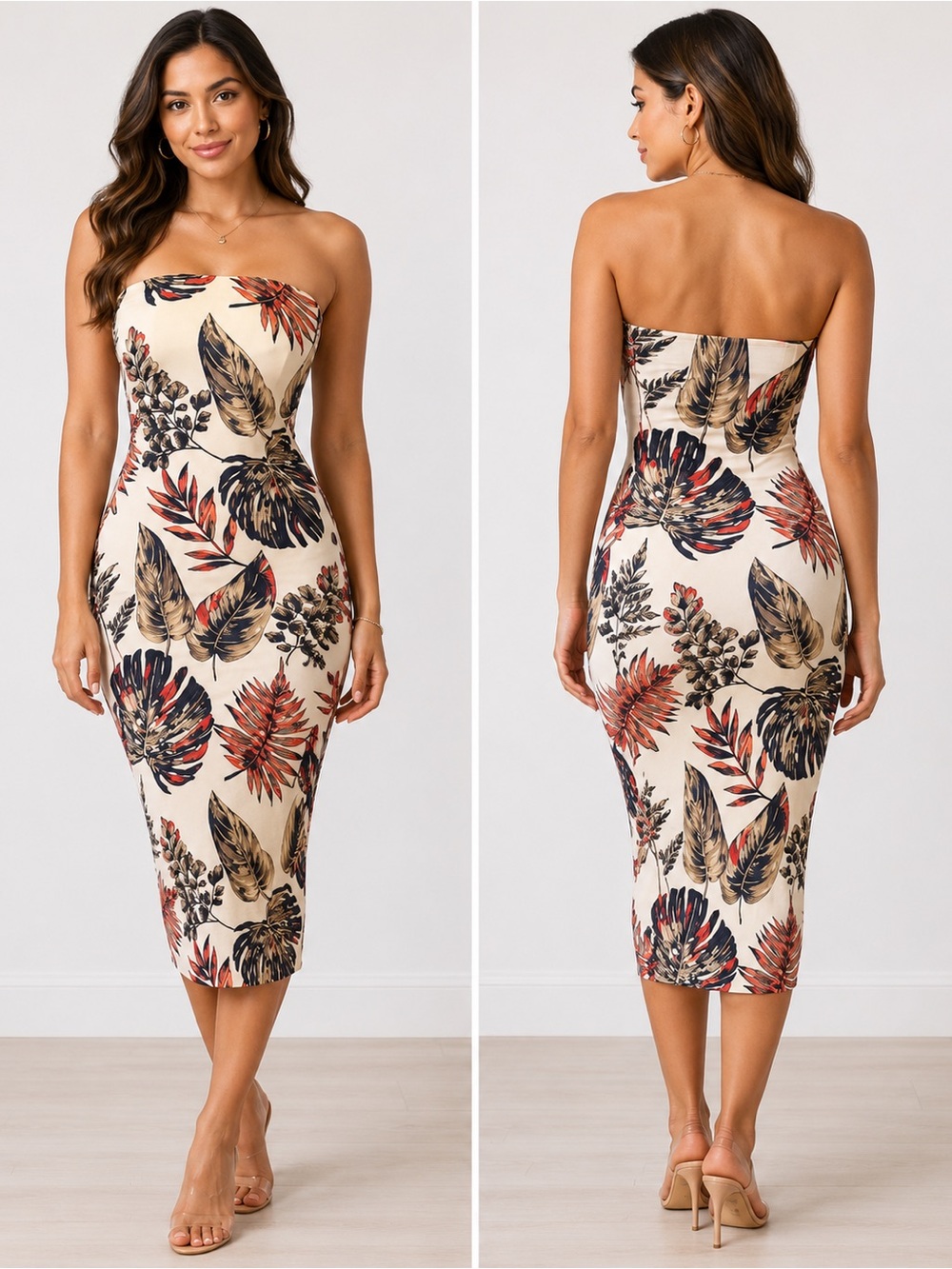 Black Bead Tropical Floral Monstera Leaf Bodycon Midi Dress Large L Stretchy